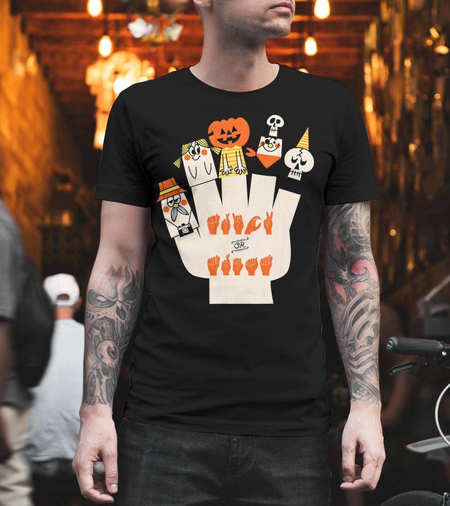 Trick Or Treat ASL Halloween Hand Signs with Pumpkin and Ghost Characters T-Shirt