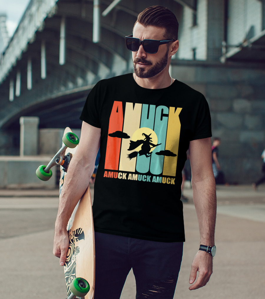 Amuck Amuck Amuck Vintage Witch On Broom Silhouette With Sunset Background T-Shirt