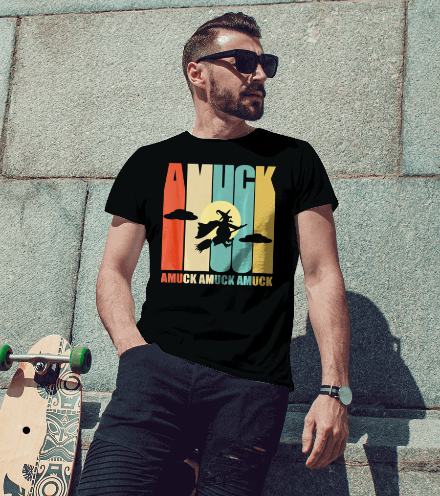 Amuck Amuck Amuck Vintage Witch On Broom Silhouette With Sunset Background T-Shirt