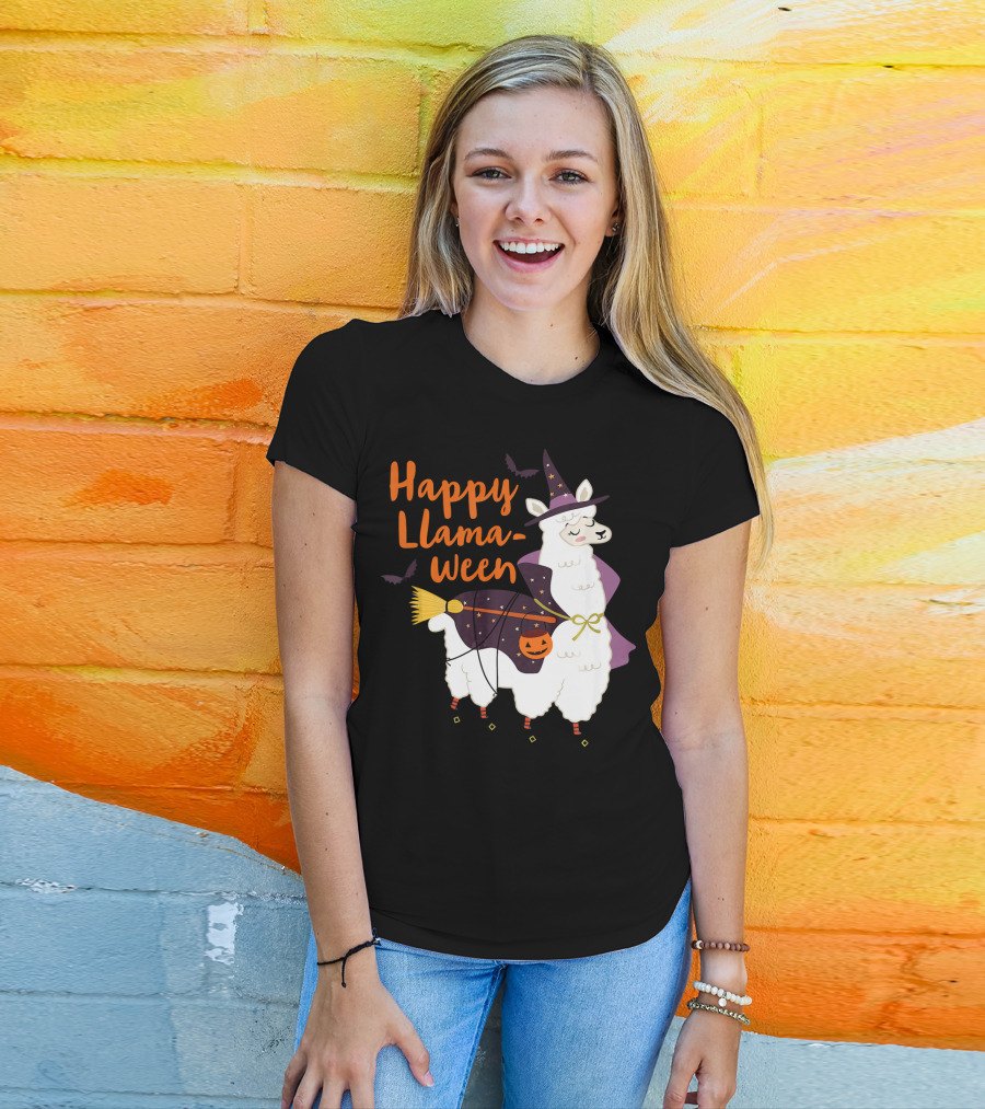 Happy Llamaween Witchy Halloween Llama With Hat And Broom T-Shirt