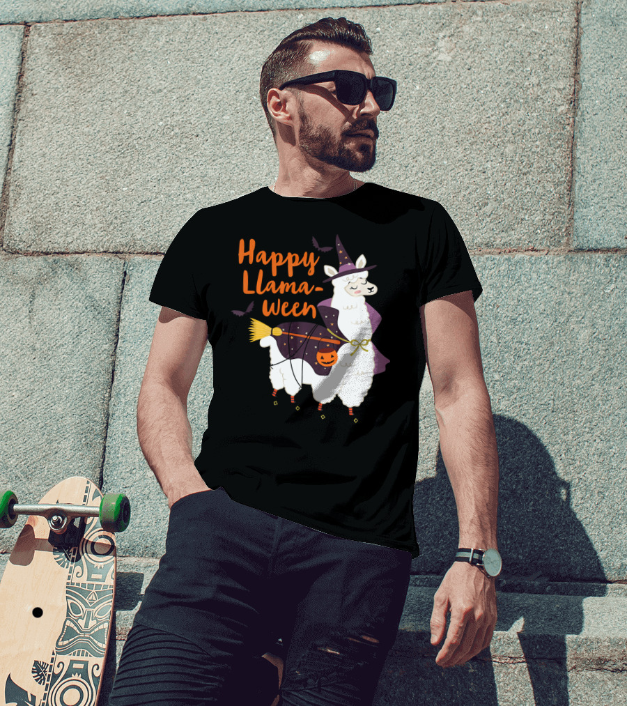 Happy Llamaween Witchy Halloween Llama With Hat And Broom T-Shirt