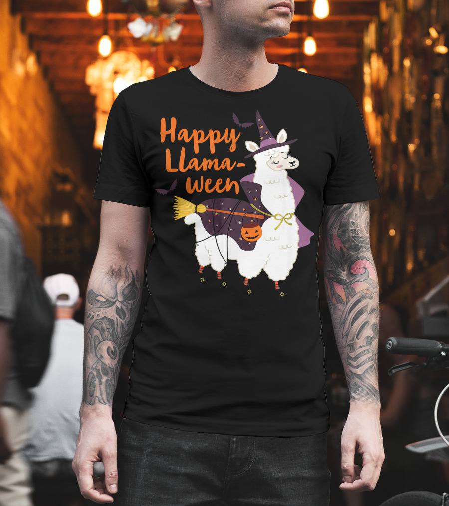 Happy Llamaween Witchy Halloween Llama With Hat And Broom T-Shirt