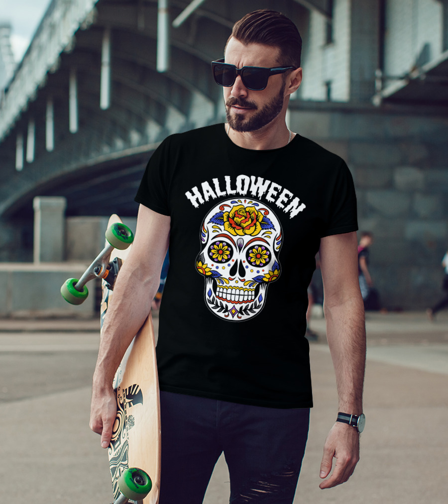 Halloween Calaveras Skull With Floral T-Shirt