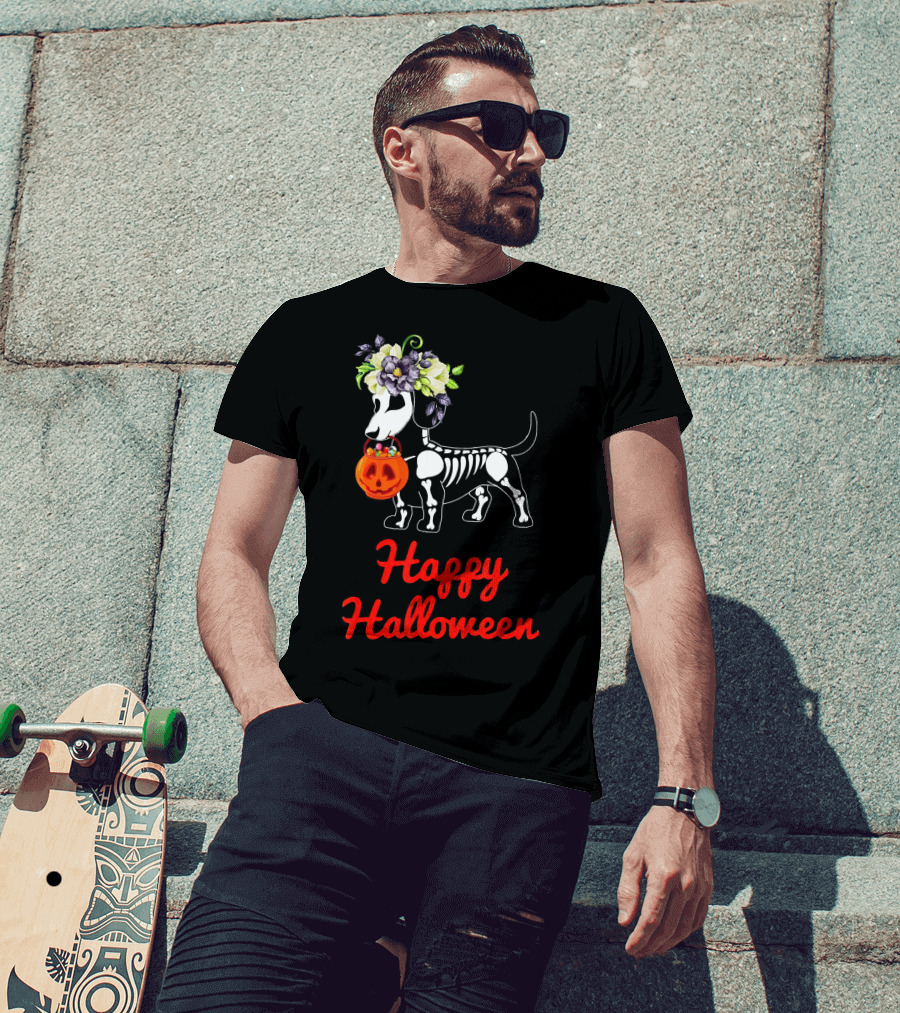Happy Halloween Skeleton Dachshund With Pumpkin And Floral Crown T-Shirt