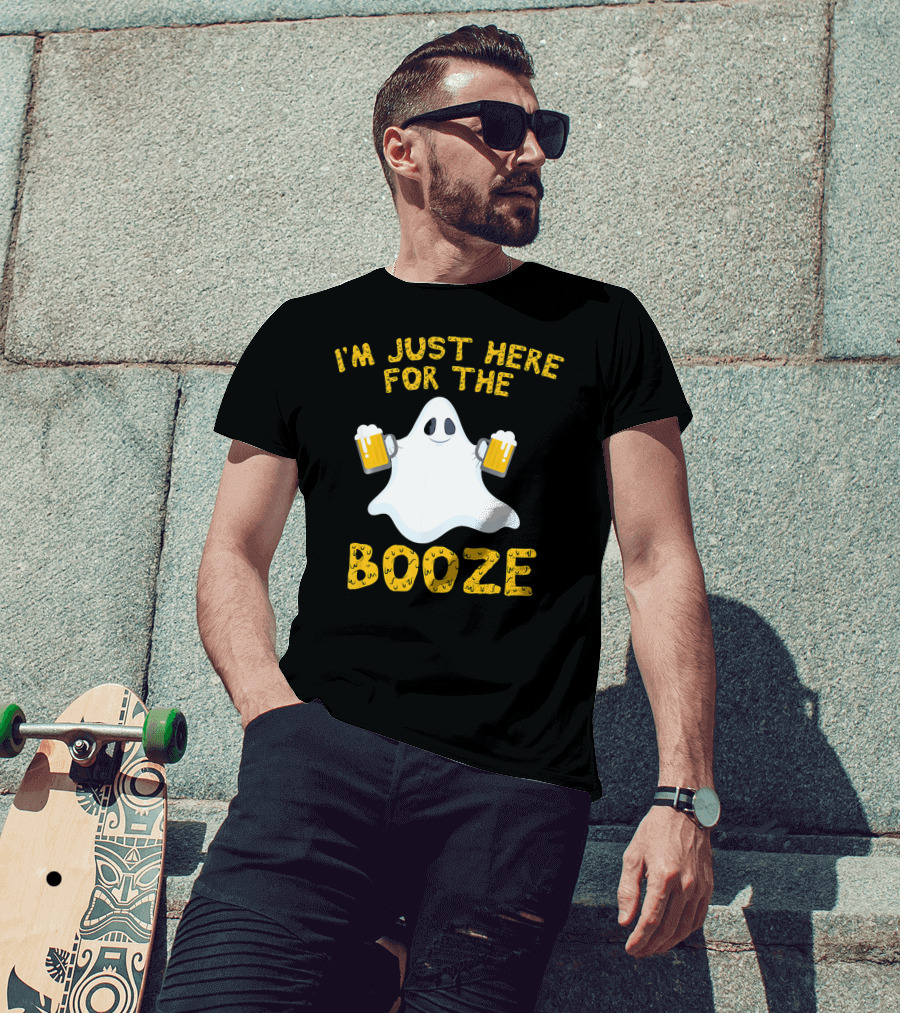 I'm Just Here For The Booze Ghost Holding Beer Mugs T-Shirt