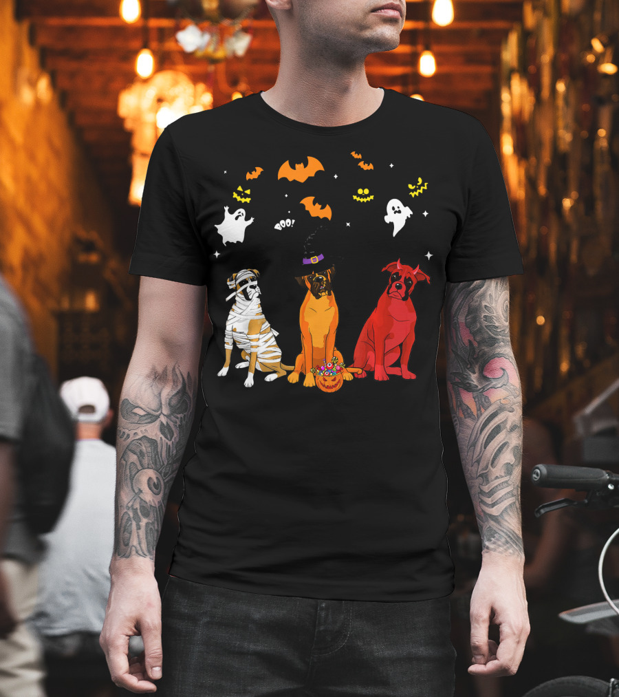 Halloween Boxer Dogs Mummy Witch Ghosts Bats T-Shirt