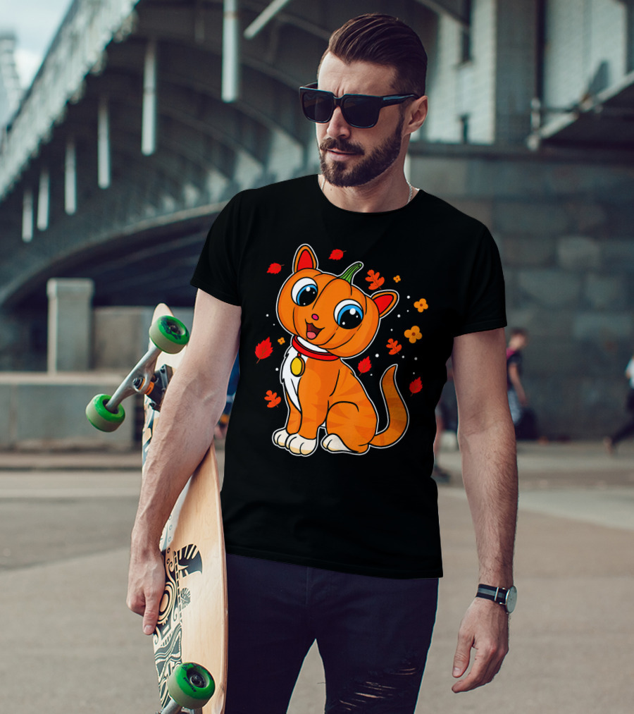 Halloween Pumpkin Cat With Autumn Leaves And Flowers T-Shirt