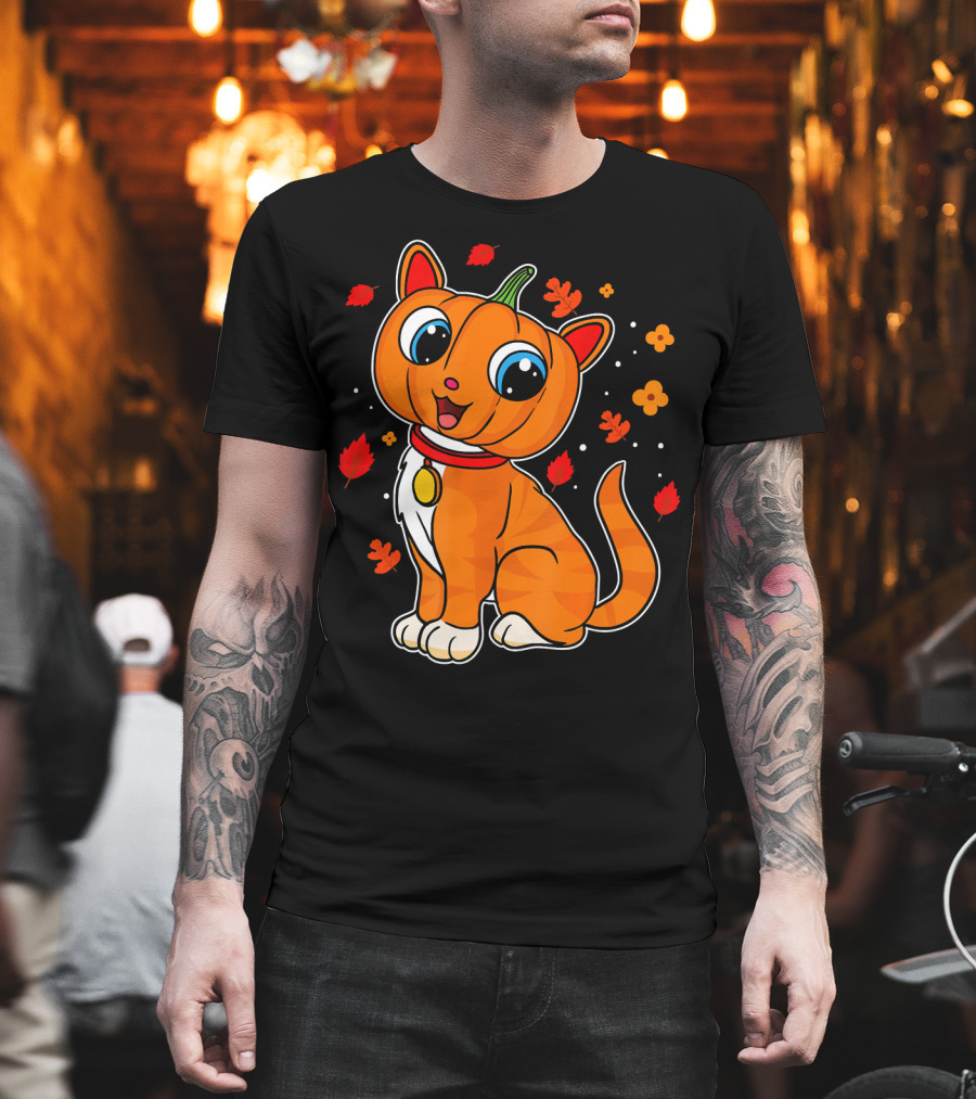 Halloween Pumpkin Cat with Autumn Leaves and Flowers T-Shirt