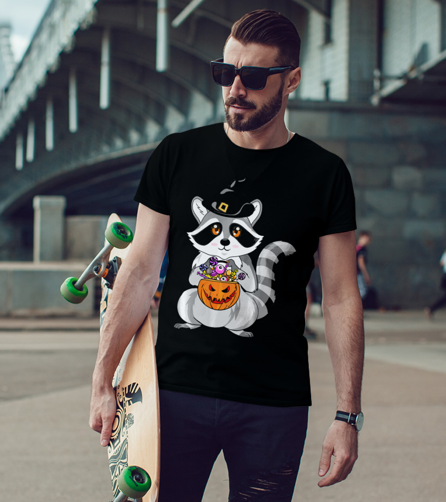 Halloween Raccoon Witch Hat Pumpkin Candy T-Shirt