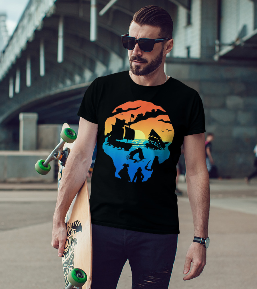 Mens Skeleton Skull Pirate Ship Sunset T-Shirt