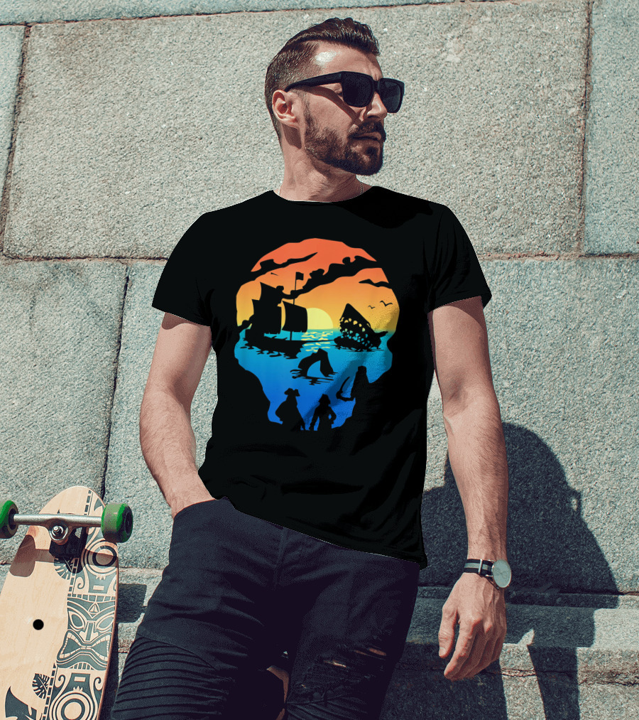 Mens Skeleton Skull Pirate Ship Sunset T-Shirt