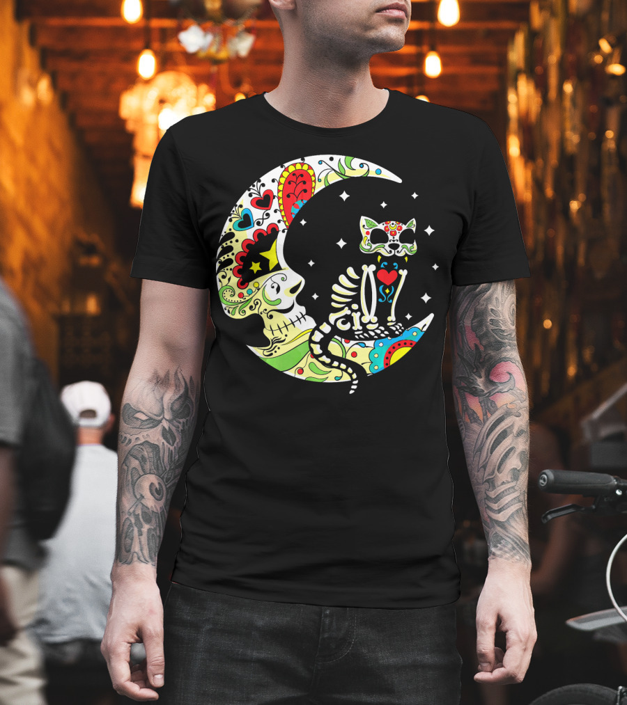 Dia de Los Muertos Halloween Sugar Skull Cat on Crescent Moon T-Shirt