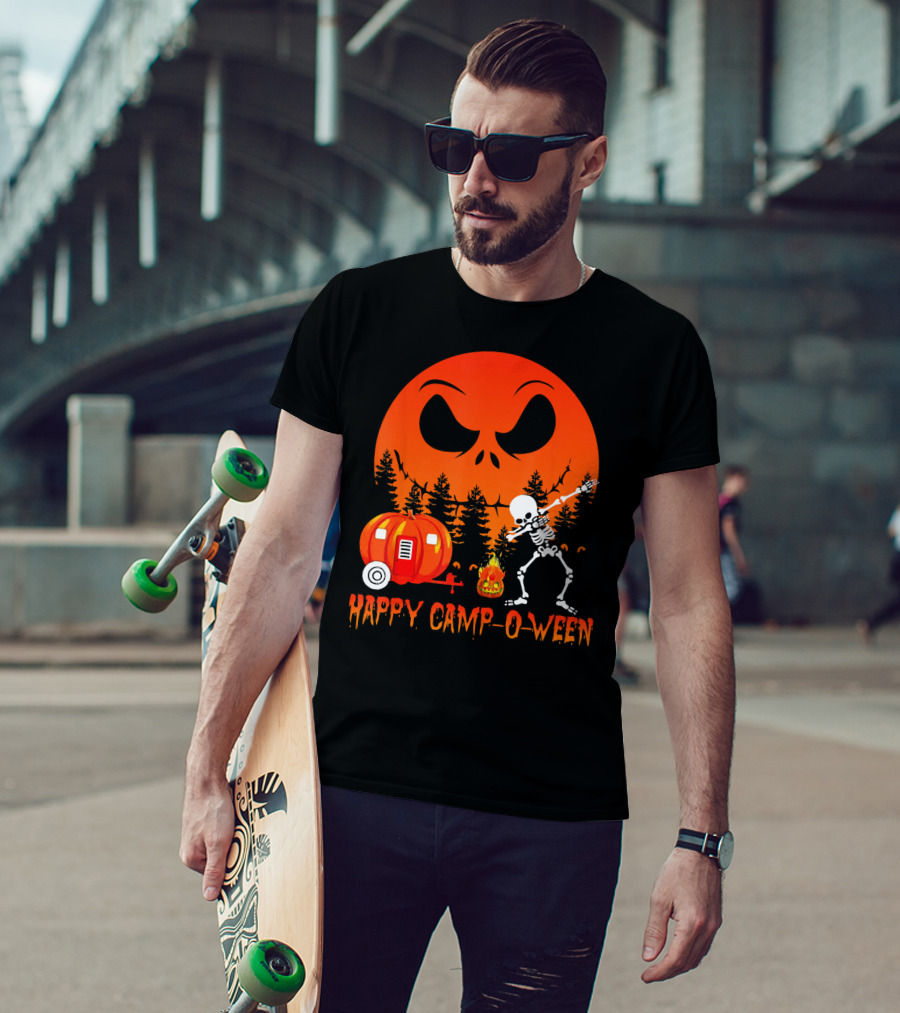 Happy Camp-O-Ween Skeleton Dab Pumpkin Camper Spooky Forest Scene T-Shirt