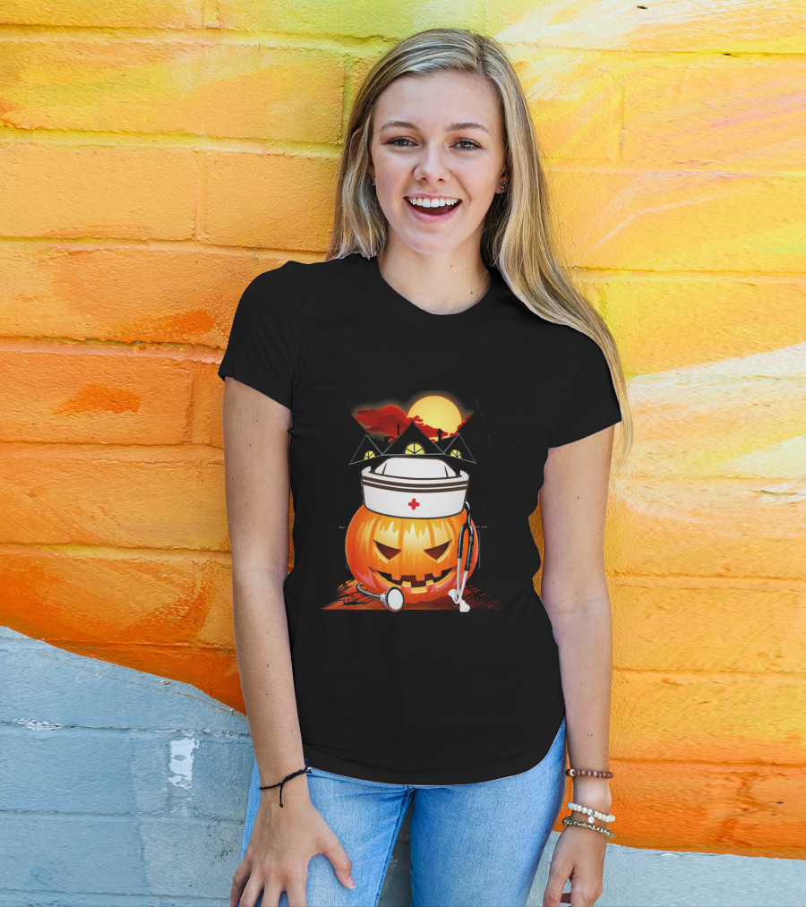 Nurse Pumpkin Halloween With Stethoscope And Haunted House T-Shirt