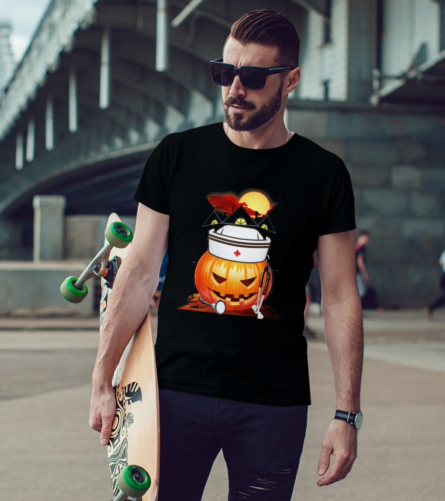 Nurse Pumpkin Halloween With Stethoscope And Haunted House T-Shirt