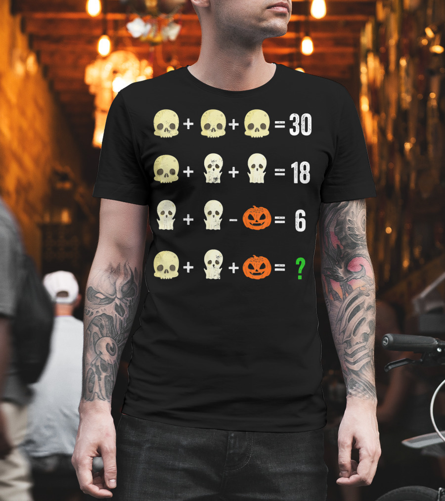 Math Puzzle Halloween Skulls And Pumpkins Calculation Challenge T-Shirt