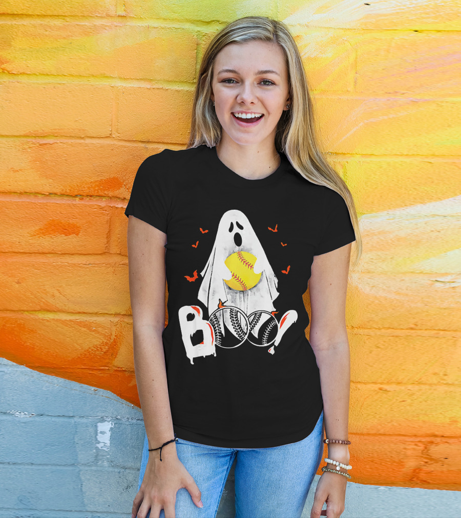 Ghostly Boo Softball With Yellow Softball And Bats T-Shirt