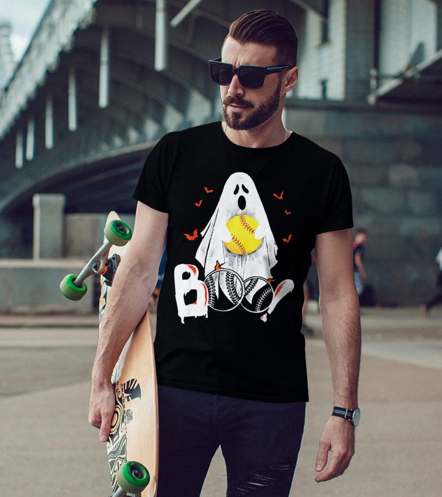 Ghostly Boo Softball With Yellow Softball And Bats T-Shirt