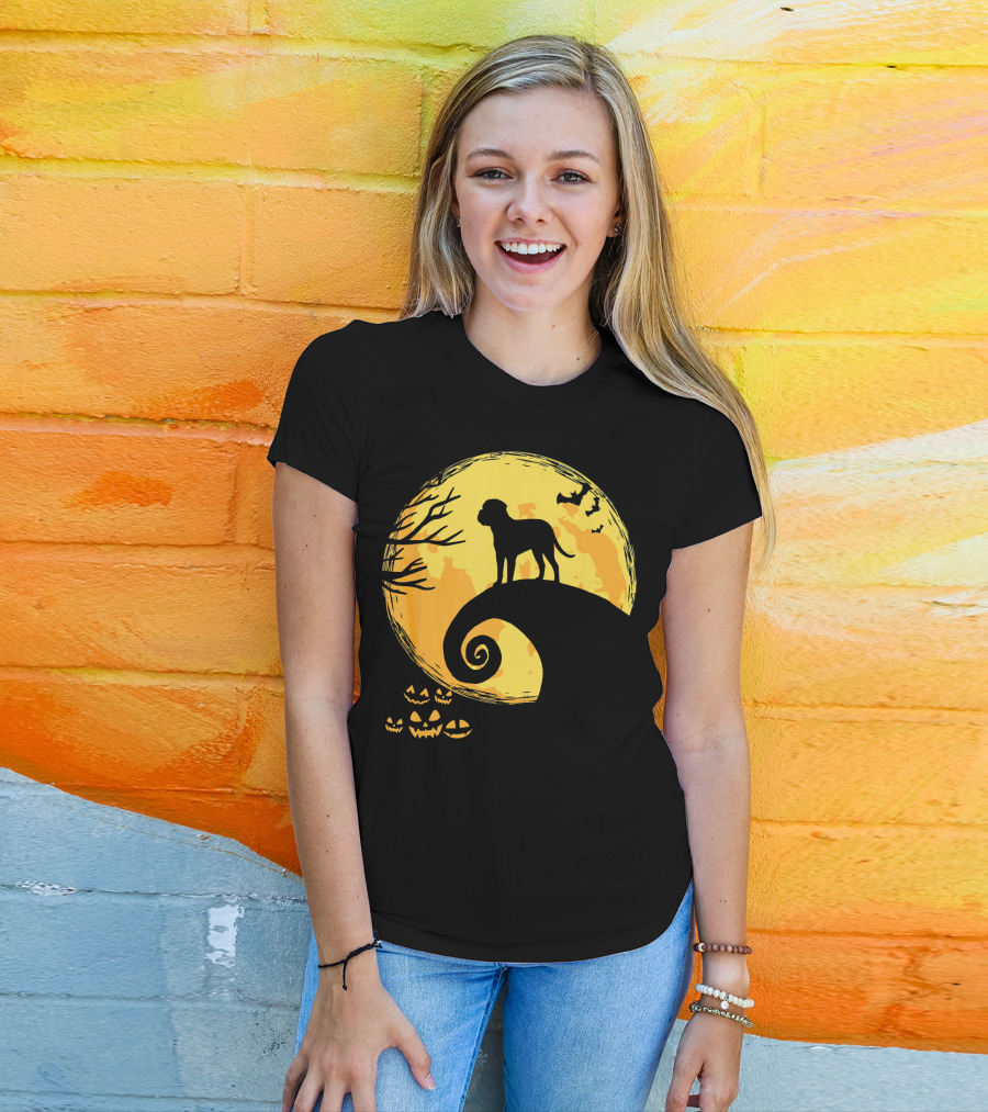 Bullmastiff Silhouette Moonlit Halloween Scene With Pumpkins And Bats T-Shirt