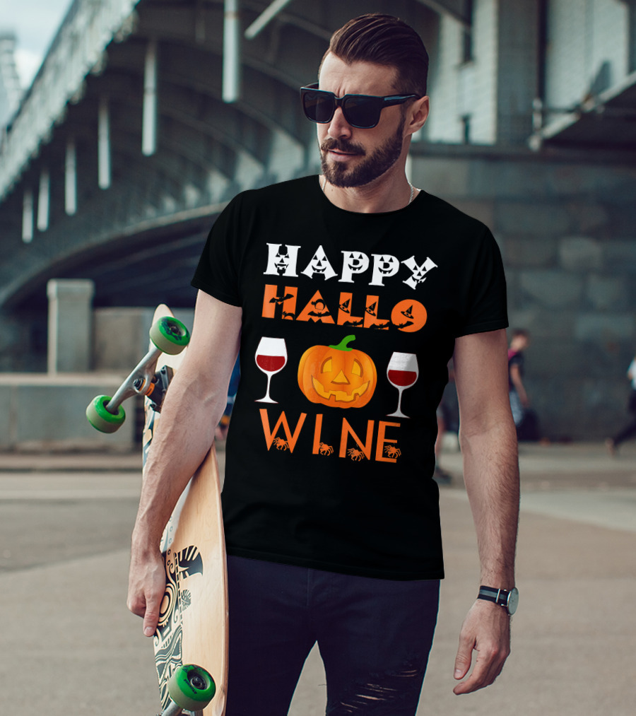 Happy Halloween Pumpkin Wine Glasses Spooky Bats And Spiders T-Shirt