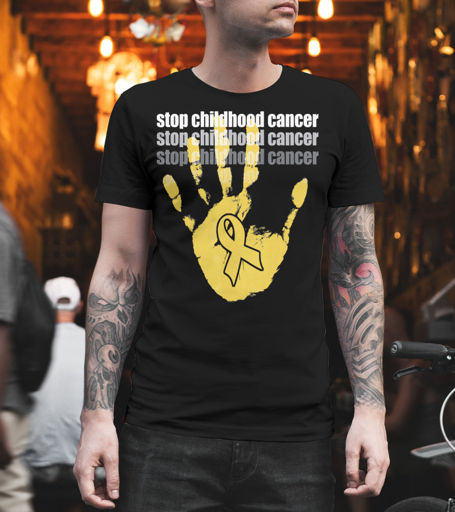 Stop Childhood Cancer Yellow Handprint Ribbon Awareness T-Shirt