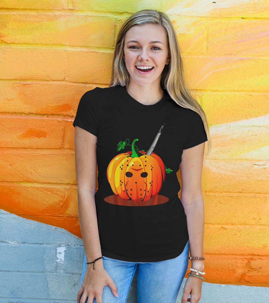 Horror Pumpkin Halloween Scary Face Knife T-Shirt