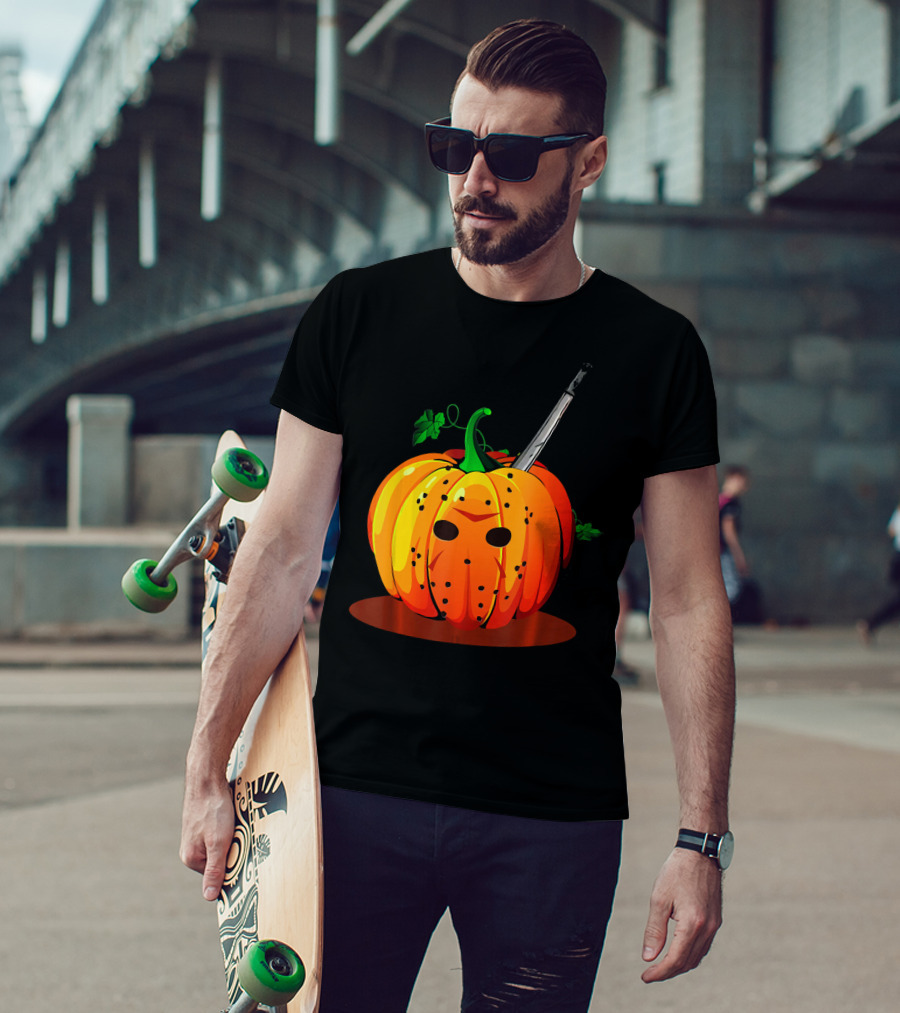 Horror Pumpkin Halloween Scary Face Knife T-Shirt