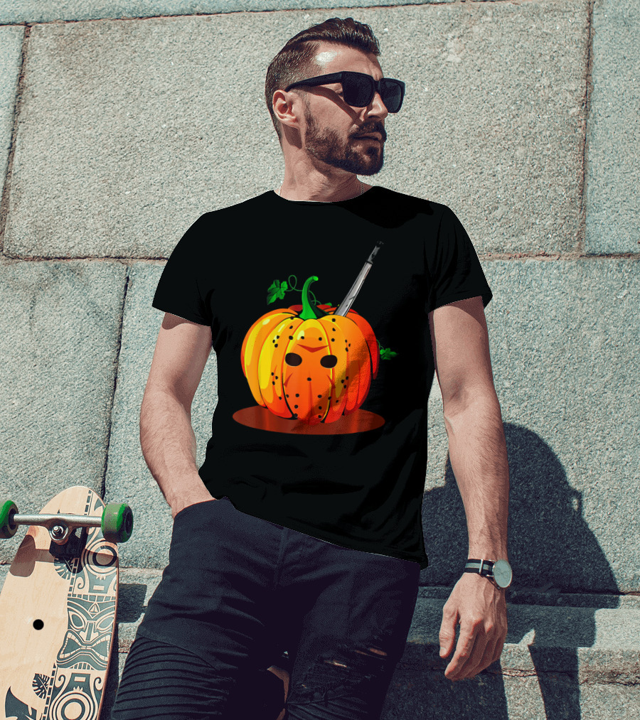 Horror Pumpkin Halloween Scary Face Knife T-Shirt