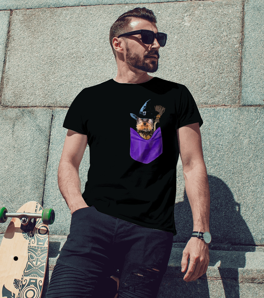 Yorkie Witch In Pocket With Broomstick T-Shirt