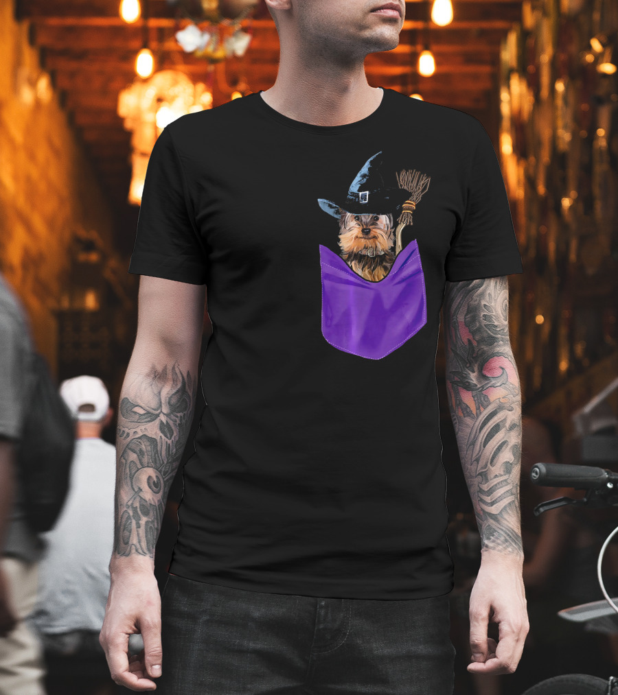 Yorkie Witch In Pocket With Broomstick T-Shirt
