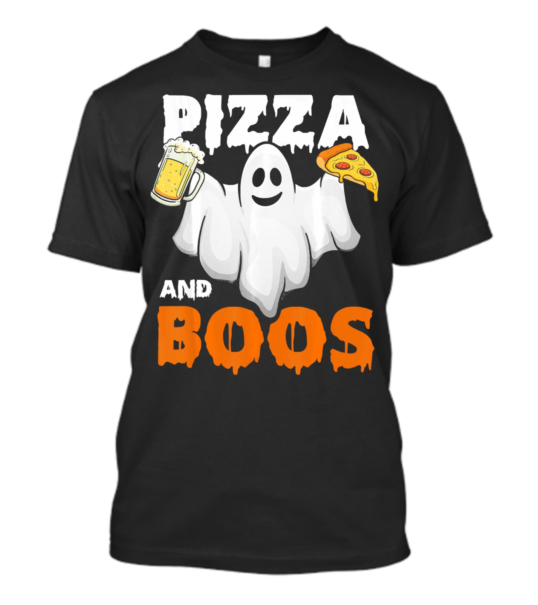 Pizza And Boos Ghost Holding Beer And Pizza Slice Halloween Funny Ghost Drinking Beer T-Shirt
