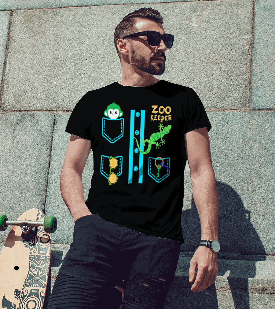 Zoo Keeper Costume Halloween Monkey Lizard Pockets Keys Glasses T-Shirt