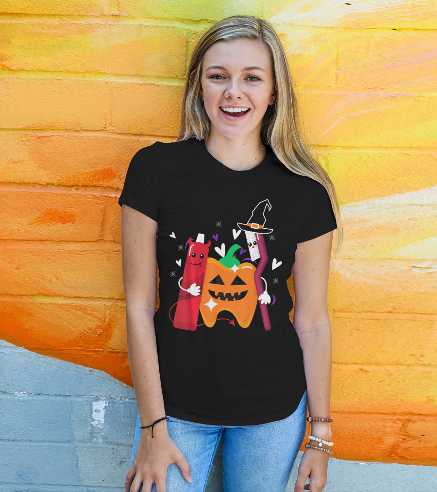 Happy Halloween Costume Toothbrush Tooth With Pumpkin And Toothpaste Characters T-Shirt