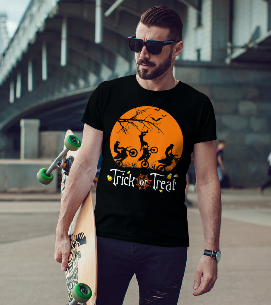 Motocross Halloween Trick Or Treat Moon Scene T-Shirt