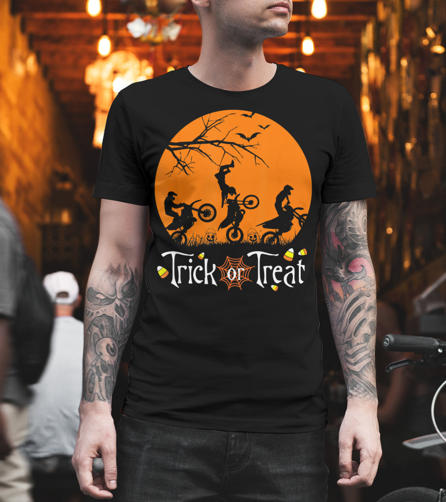 Motocross Halloween Trick or Treat Moon Scene T-Shirt