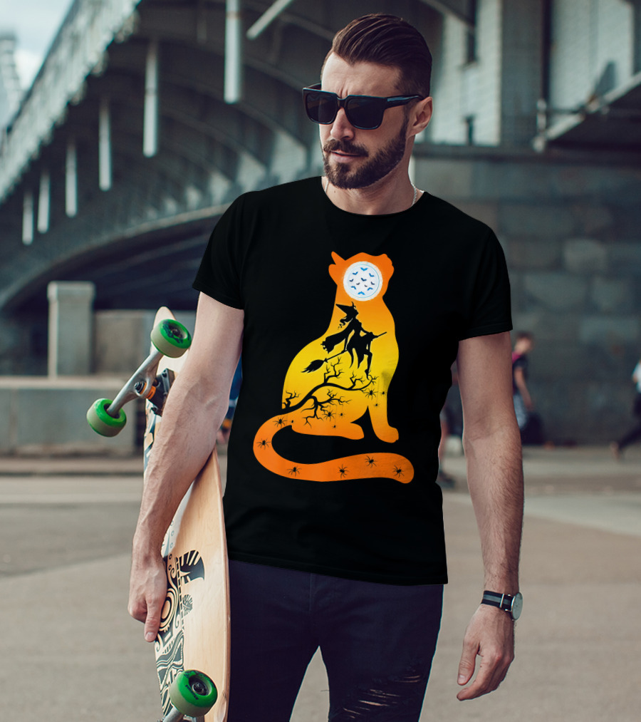 Funny Cat Witch Flying Under Bat Moon With Spooky Webs T-Shirt
