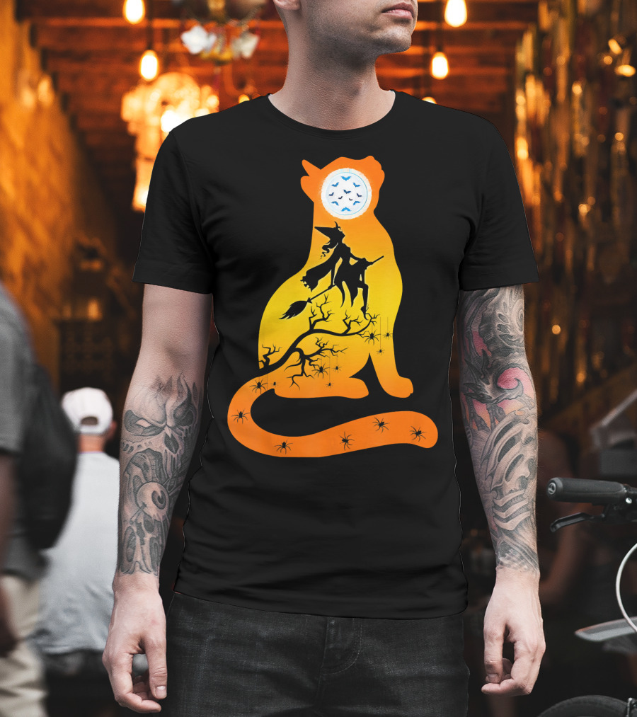 Funny Cat Witch Flying Under Bat Moon With Spooky Webs T-Shirt
