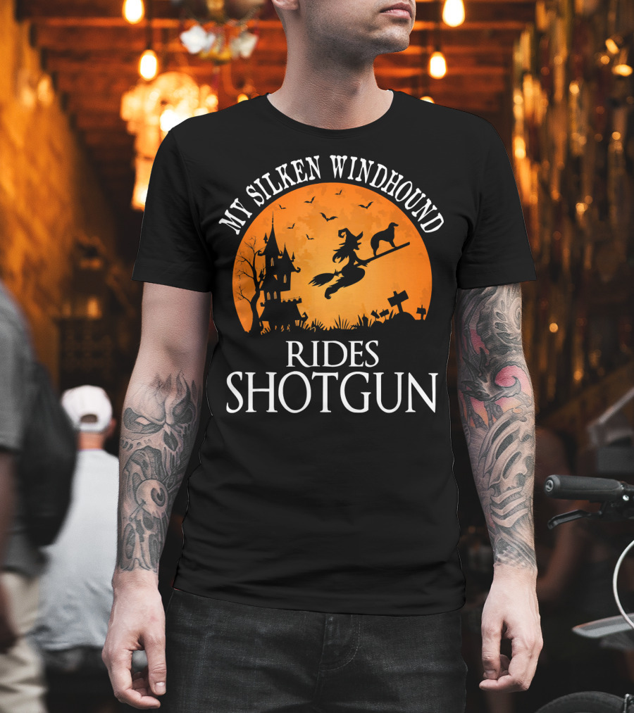 My Silken Windhound Rides Shotgun Halloween Witch Dog Moon Graveyard Scene T-Shirt