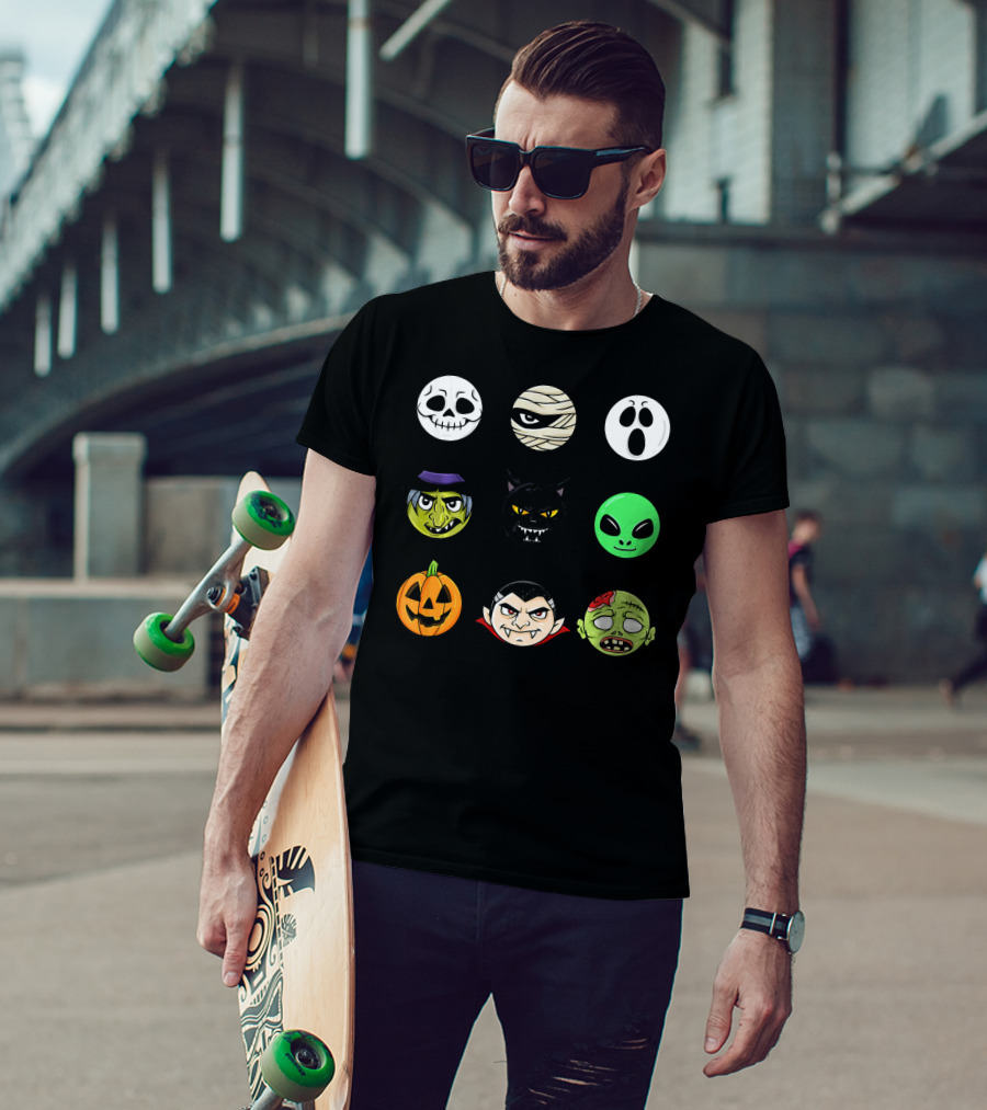 Scary Faces Halloween Emoji Emoji Icons Vampire Mummy Alien Ghost Pumpkin Monster Cat Witch T-Shirt