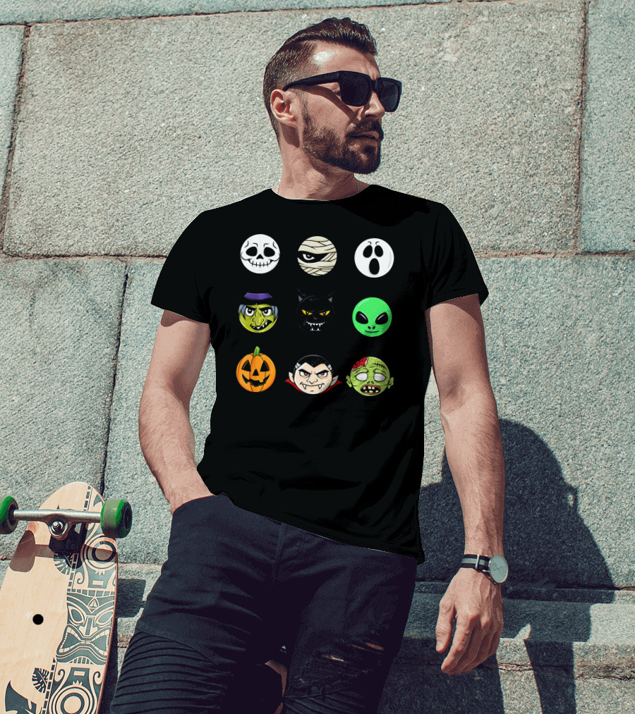 Scary Faces Halloween Emoji Emoji Icons Vampire Mummy Alien Ghost Pumpkin Monster Cat Witch T-Shirt