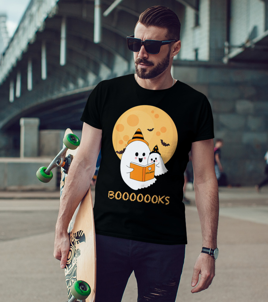 Halloween Ghosts Reading Boooooks Under Full Moon T-Shirt