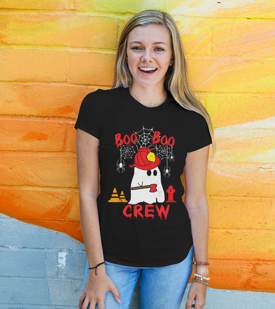 Boo Boo Crew Firefighter Halloween Ghost Spiderwebs And Axe T-Shirt