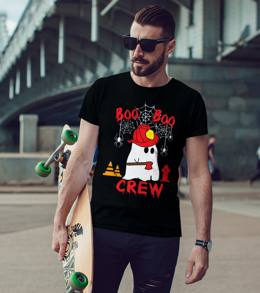 Boo Boo Crew Firefighter Halloween Ghost Spiderwebs And Axe T-Shirt