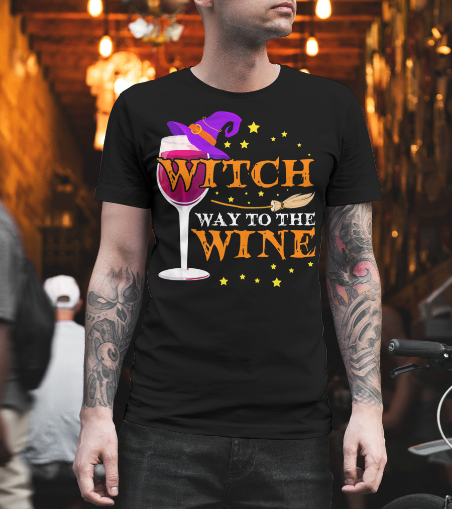 Witch Way to the Wine Halloween Wizard Hat Broomstick Stars T-Shirt