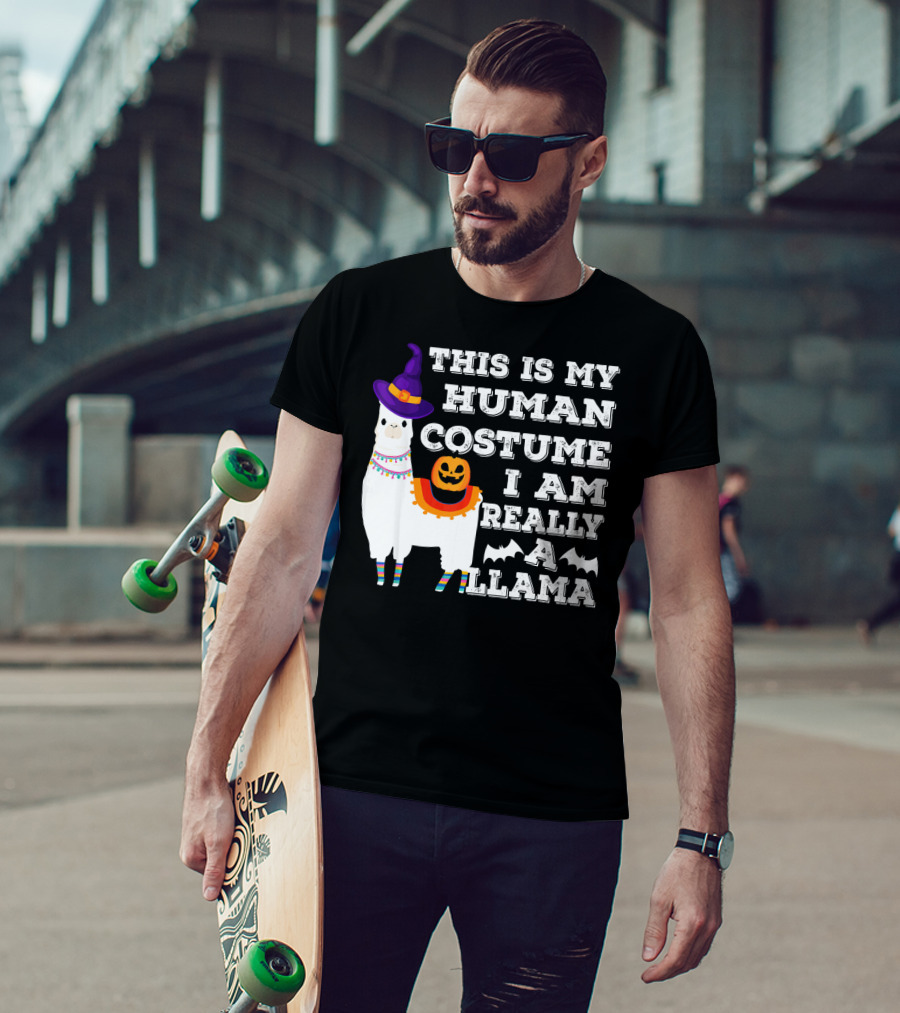 This Is My Human Costume I Am Really A Llama Halloween Witch Hat Pumpkin Bat T-Shirt