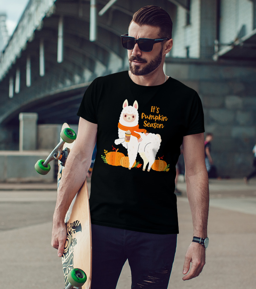 It's Pumpkin Season Llama With Autumn Leaves And Pumpkins T-Shirt