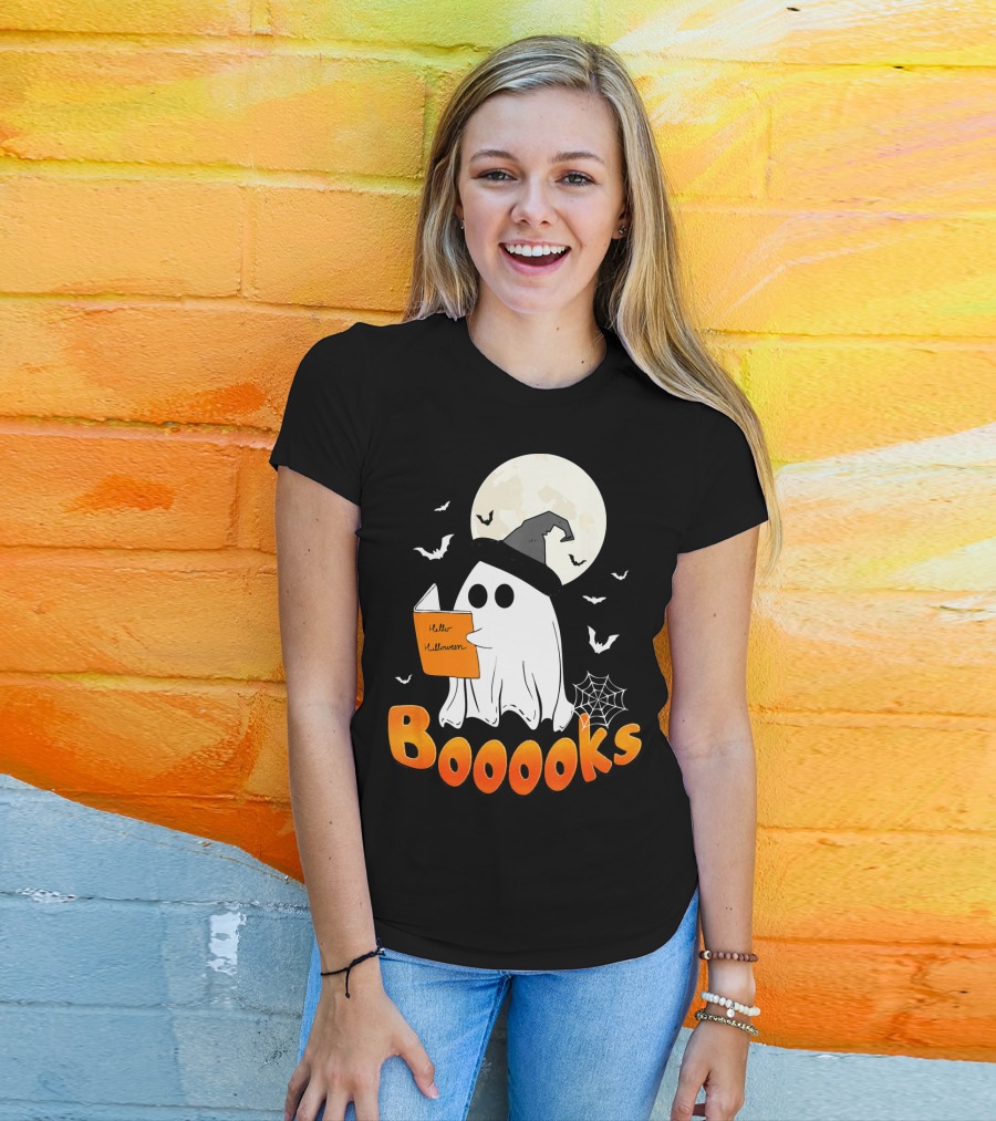 Boooks Ghost Reading Halloween Bats Moon Hat T-Shirt
