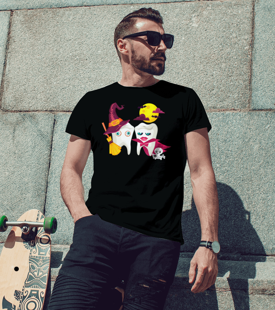 Witch Hat Broom Vampire Teeth Halloween Moon Bats T-Shirt