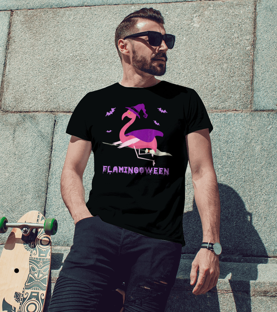 Flamingoween Funny Flamingo Witch With Bats And Broomstick T-Shirt