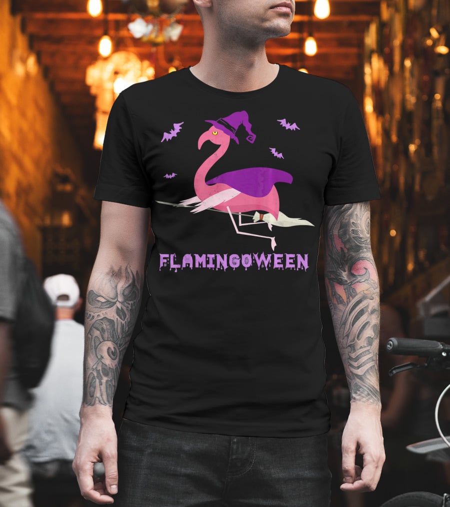 Flamingoween Funny Flamingo Witch With Bats And Broomstick T-Shirt